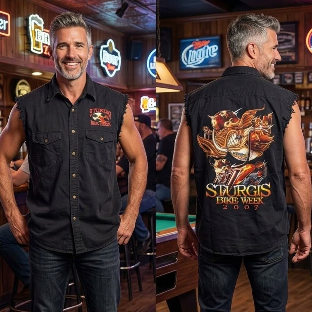 Sturgis 2007 Shirt Black Cotton Sleeveless Button Up Bike Week Rider Mens XL 48